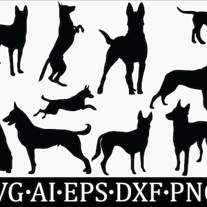 May include: Black silhouette illustrations of dogs in various poses, including standing, sitting, and leaping. The image includes the file types SVG, AI, EPS, DXF, and PNG.