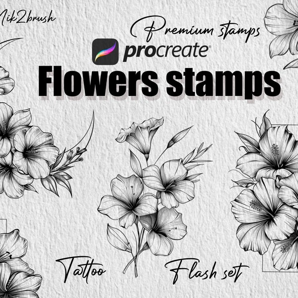 Stamps Tattoo fine Line Flowers, Procreate line pen drawing brush , flowers flash set, pack of 30 brushes Procreate iPad, flowers stamps