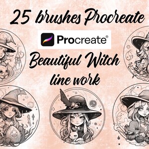 Peut inclure: Un ensemble de 25 pinceaux Procreate pour créer de magnifiques illustrations de sorcières. L'image montre quatre sorcières différentes avec des chats, chacune dans un cadre circulaire. Le texte "25 brushes Procreate" et "Beautiful Witch line work" est affiché au-dessus des images.