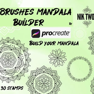 以下が含まれることがあります： マンダラを作成するための30個のProcreateブラシとスタンプのデジタルイラスト。画像には、中央に大きく複雑なマンダラを含む、さまざまなマンダラのデザインが描かれています。画像の上部には「30 Brushes Mandala Builder by Nik Twoo」というテキストが表示されています。Procreateロゴの下には「Build Your Mandala」というテキストが表示されています。