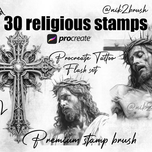 Stamps Tattoo religious, Procreate line pen drawing brush detailed, religious flash set, pack of 30 brushes Procreate iPad, religious stamps