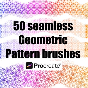 May include: 50 seamless geometric pattern brushes for Procreate. The image shows a variety of colorful geometric patterns.