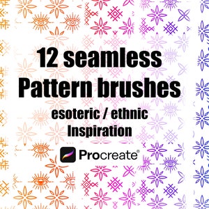 Peut inclure: Douze brosses à motifs sans couture pour Procreate, inspirées de motifs ésotériques et ethniques. Les motifs présentent une variété de symboles, notamment des yeux, des fleurs et des formes géométriques. Les brosses sont disponibles dans une variété de couleurs, notamment l'orange, le rose, le violet et le bleu.