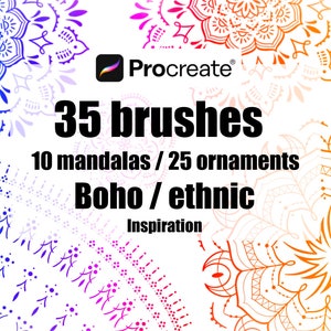 May include: A digital illustration of 35 Procreate brushes for creating mandala and ornament designs. The image features 10 mandalas and 25 ornaments in a boho and ethnic style. The text "35 brushes", "10 mandalas / 25 ornaments", "Boho / ethnic", and "Inspiration" is included in the image.