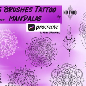 Pode incluir: Um conjunto de 36 pincéis e carimbos Procreate com intrincados desenhos de mandalas em preto e branco. O texto "36 Brushes Tattoo Mandalas" e "NIK TWOO" é visível na imagem.
