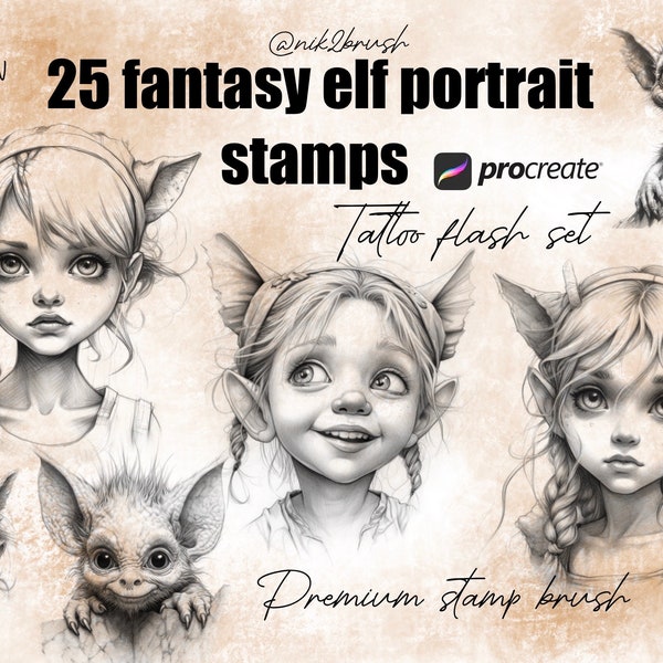 Stamps Tattoo fantasy Procreate, cute darling elf and troll detailed stamps, fantasy elf flash set, pack of 25 brushes Procreate iPad