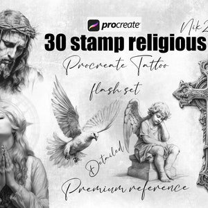 Stamps Tattoo religious, Procreate line pen drawing brush detailed, religious flash set, pack of 30 brushes Procreate iPad, religious stamps