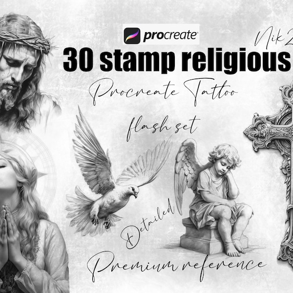 Stamps Tattoo religious, Procreate line pen drawing brush detailed, religious flash set, pack of 30 brushes Procreate iPad, religious stamps