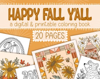 Happy Fall Y'all Digital Coloring Book, Folk Art Coloring Pages, Printable Coloring Pages, Halloween Coloring Book, Easy to Color Worksheets