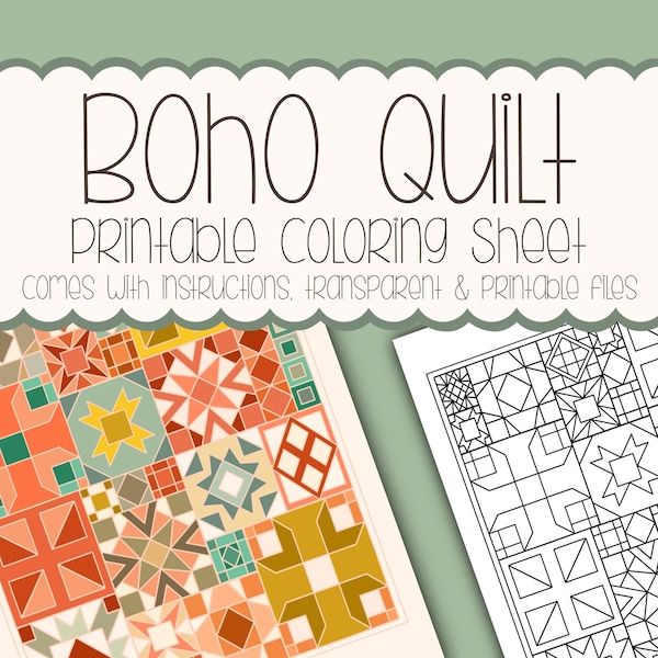 Boho Quilt Coloring Page, Coloring for Adults, Printable Classroom Crafts, Crafts for Kids, Folk Art, Quilt Pattern, Retro Coloring Page