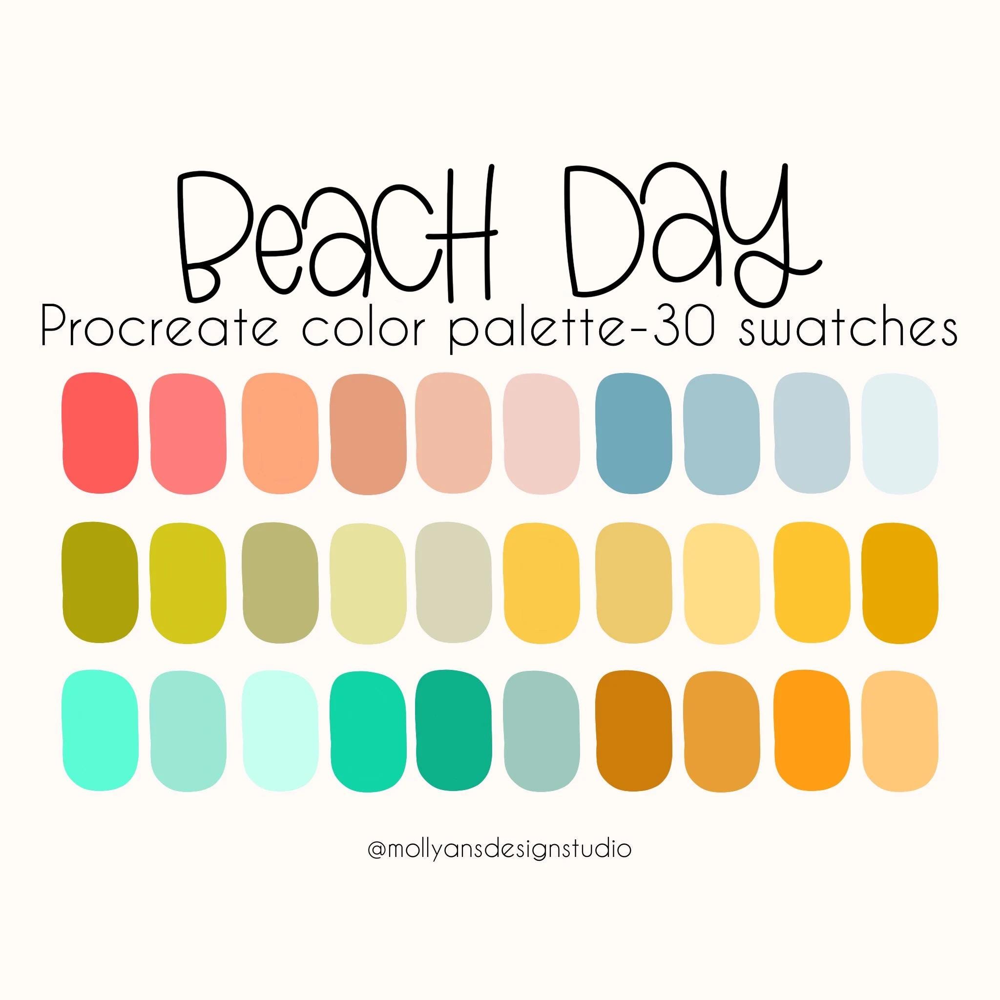 Beach Day Procreate Color Palette – Pastel Boho Coastal Rainbow, Bright Summer Swatches