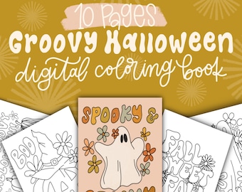 Groovy Halloween Digital Coloring Book, Printable Coloring Pages for Kids, Procreate Workbook for Adults, Retro Art, Friendly Halloween