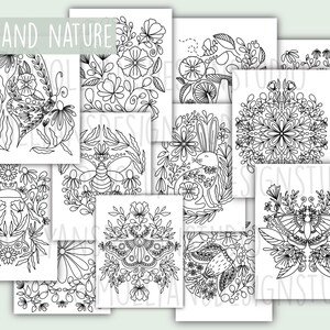 May include: A collection of black and white art prints featuring folk and nature-inspired designs. The prints showcase detailed illustrations of butterflies, bees, flowers, and other botanical elements. The text "FOLK AND NATURE" is at the top.