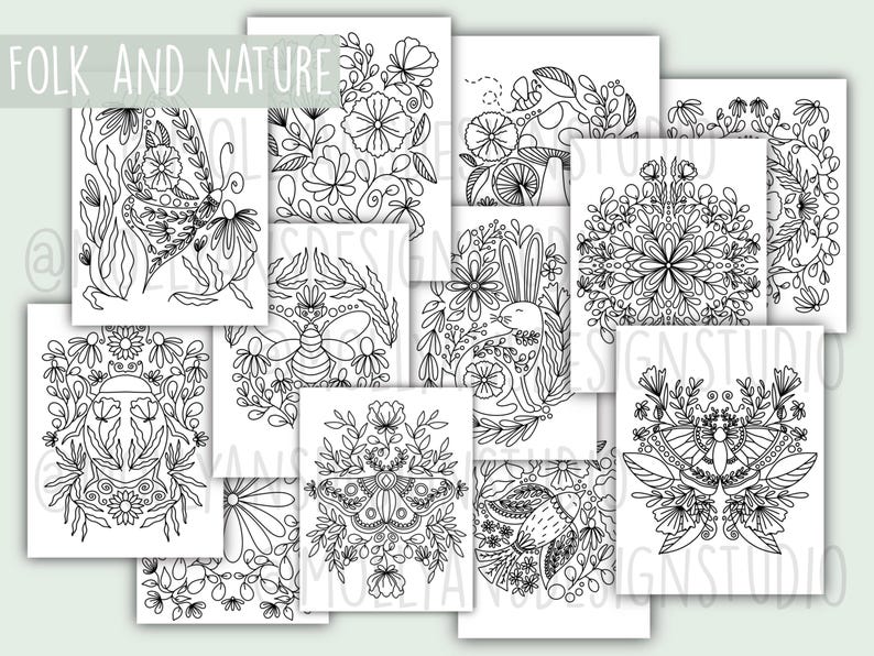 May include: A collection of black and white art prints featuring folk and nature-inspired designs. The prints showcase detailed illustrations of butterflies, bees, flowers, and other botanical elements. The text "FOLK AND NATURE" is at the top.