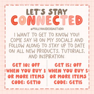 May include: A square graphic with a pink grid background features the text "LET'S STAY CONNECTED" in various colors. The text encourages viewers to connect on social media for updates on new products and tutorials.