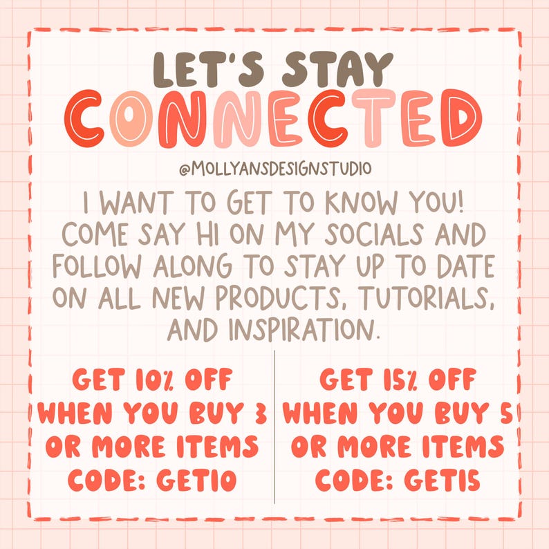 May include: A square graphic with a pink grid background features the text "LET'S STAY CONNECTED" in various colors. The text encourages viewers to connect on social media for updates on new products and tutorials.
