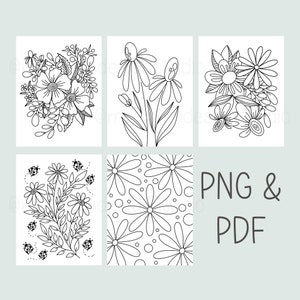 May include: A set of four black and white coloring pages featuring floral designs. The designs include a bouquet of flowers, a single stem of flowers, a cluster of flowers, and a repeating pattern of flowers.