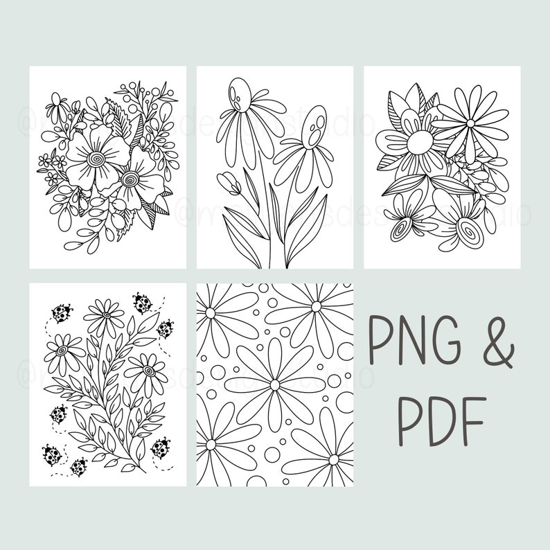 May include: A set of four black and white coloring pages featuring floral designs. The designs include a bouquet of flowers, a single stem of flowers, a cluster of flowers, and a repeating pattern of flowers.
