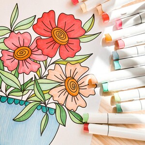 May include: A hand-drawn illustration of a bouquet of flowers in a blue vase. The flowers are red, pink, and peach with orange centers. The illustration is on white paper.