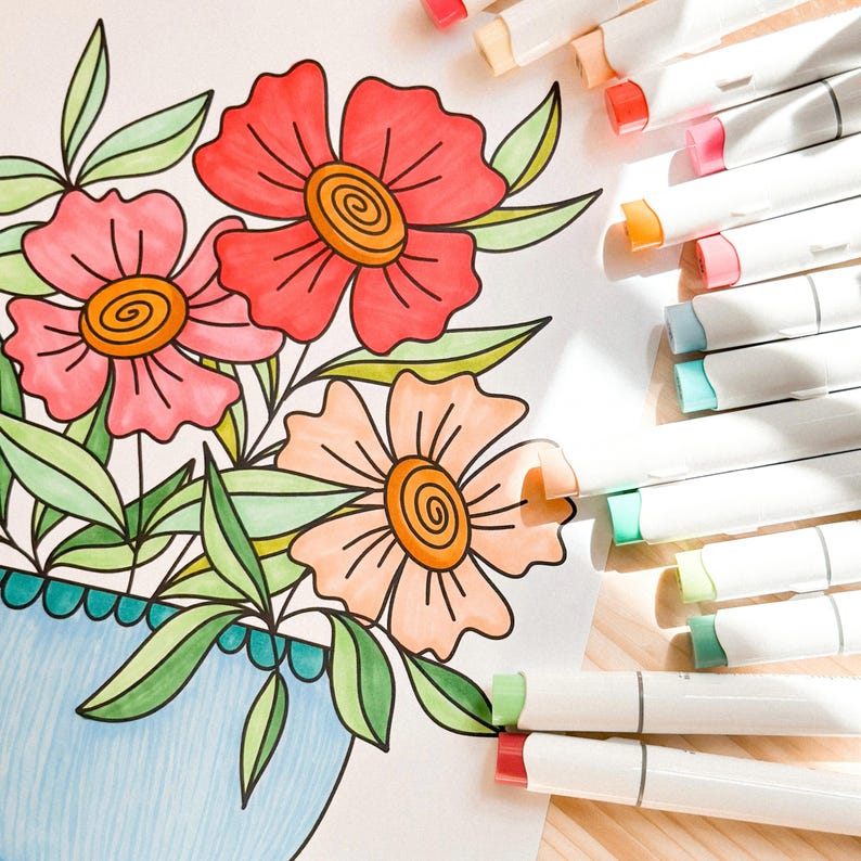 May include: A hand-drawn illustration of a bouquet of flowers in a blue vase. The flowers are red, pink, and peach with orange centers. The illustration is on white paper.