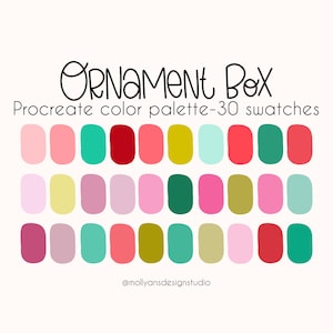May include: A digital color palette for Procreate called "Ornament Box" with 30 swatches in various shades of pink, red, yellow, green, and blue. The palette is designed for use in digital art and design.