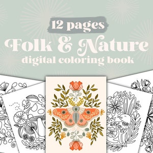 Folk & Nature Digital Coloring Book, Easy To Color Worksheets, Fantasy Folk Coloring Pages, Printable Folk Art Coloring Book, Adult Coloring