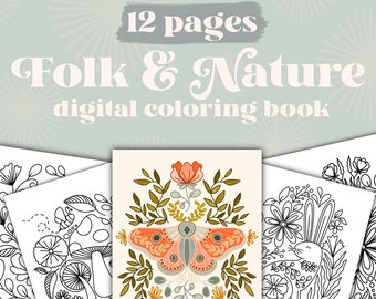 Folk & Nature Digital Coloring Book, Easy To Color Worksheets, Fantasy Folk Coloring Pages, Printable Folk Art Coloring Book, Adult Coloring