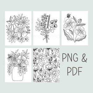 May include: Five black and white line drawings of floral bouquets, including a bouquet in a jar, a floral pattern, and a bouquet with a bee.