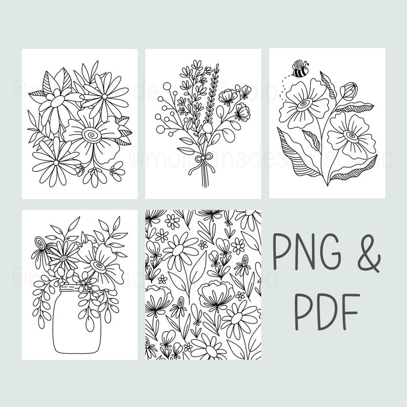 May include: Five black and white line drawings of floral bouquets, including a bouquet in a jar, a floral pattern, and a bouquet with a bee.