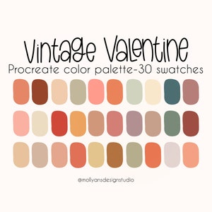 Pode incluir: Uma paleta de cores digital com 30 amostras em vários tons de rosa, vermelho, laranja, marrom, bege, verde e cinza. A paleta é intitulada "Vintage Valentine Procreate color palette - 30 swatches" e inclui o nome de usuário de mídia social "@mollyansdesignstudio".
