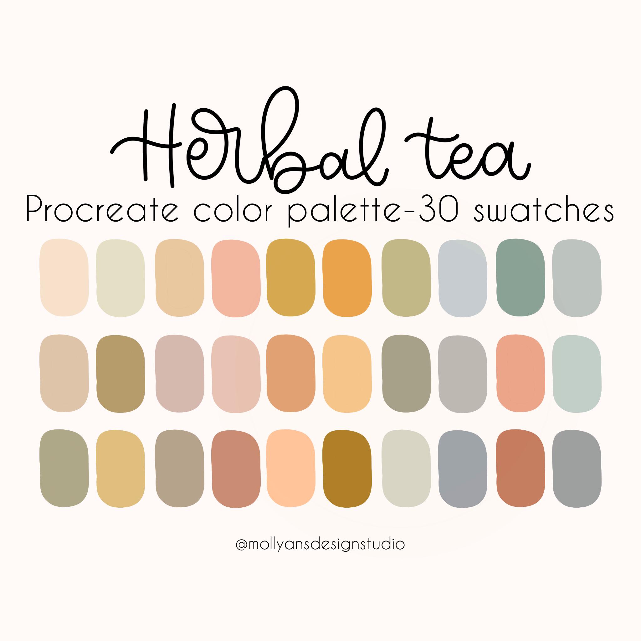 Palette de couleurs Procreate Herbal Tea – Pastels rétro 70s groovy et tons terre (30 nuanciers)