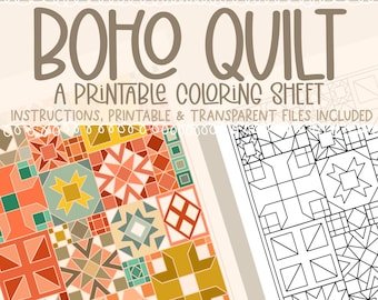 Boho Quilt Coloring Page, Coloring for Adults, Printable Classroom Crafts, Crafts for Kids, Folk Art, Quilt Pattern, Retro Coloring Page