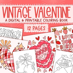 Libro para colorear digital de San Valentín vintage, lindas manualidades para el día de San Valentín, páginas fáciles de colorear, San Valentín retro, páginas para colorear femeninas, manualidades