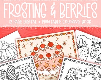 Frosting and Berries Digital Coloring Book, Printable Coloring Pages, Strawberry Coloring Book, Cute Coloring Pages for Adults, Kids Crafts
