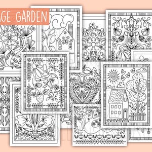 May include: A collection of black and white Cottage Garden coloring pages. The pages feature floral designs, houses, birds, and other garden-themed illustrations. The words "Cottage Garden" are at the top of the image.