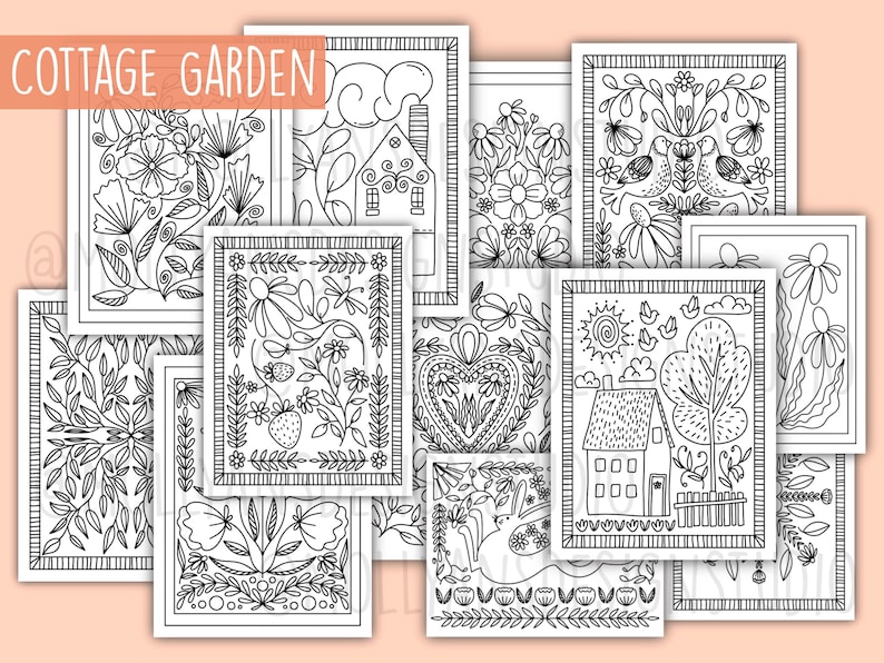 May include: A collection of black and white Cottage Garden coloring pages. The pages feature floral designs, houses, birds, and other garden-themed illustrations. The words "Cottage Garden" are at the top of the image.