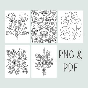 May include: Six black and white line drawings of flowers. The drawings are on a light blue background. The text "PNG & PDF" is in the lower right corner.