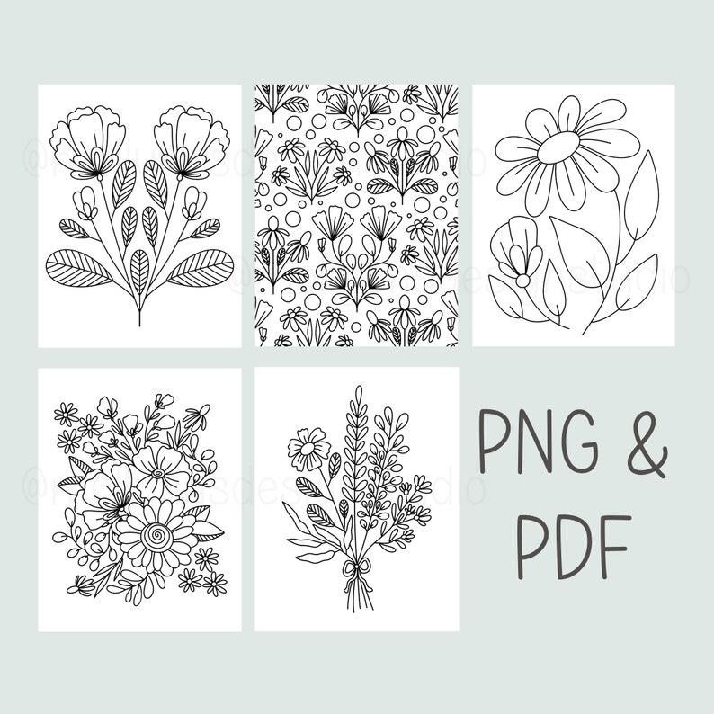 May include: Six black and white line drawings of flowers. The drawings are on a light blue background. The text "PNG & PDF" is in the lower right corner.