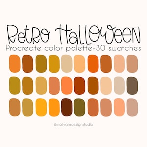 May include: A digital color palette for Procreate with 30 swatches in shades of orange, brown, yellow, and beige. The palette is titled "Retro Halloween".