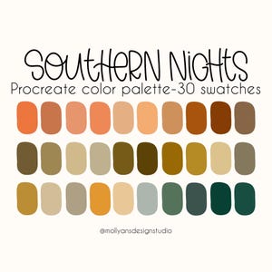 Southern Nights Procreate Color Palettes, Boho Color Palette, Retro Color Palette, Moody Color Palette, Terra Cotta Color Palette, Boho