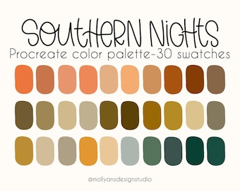 Southern Nights Procreate Color Palettes, Boho Color Palette, Retro Color Palette, Moody Color Palette, Terra Cotta Color Palette, Boho