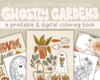 Ghostly Gardens Digital Coloring Book, Spooky Coloring Pages for Kids, Printable Coloring Pages, Ghost Aesthetic Coloring, Ghost Aesthetic