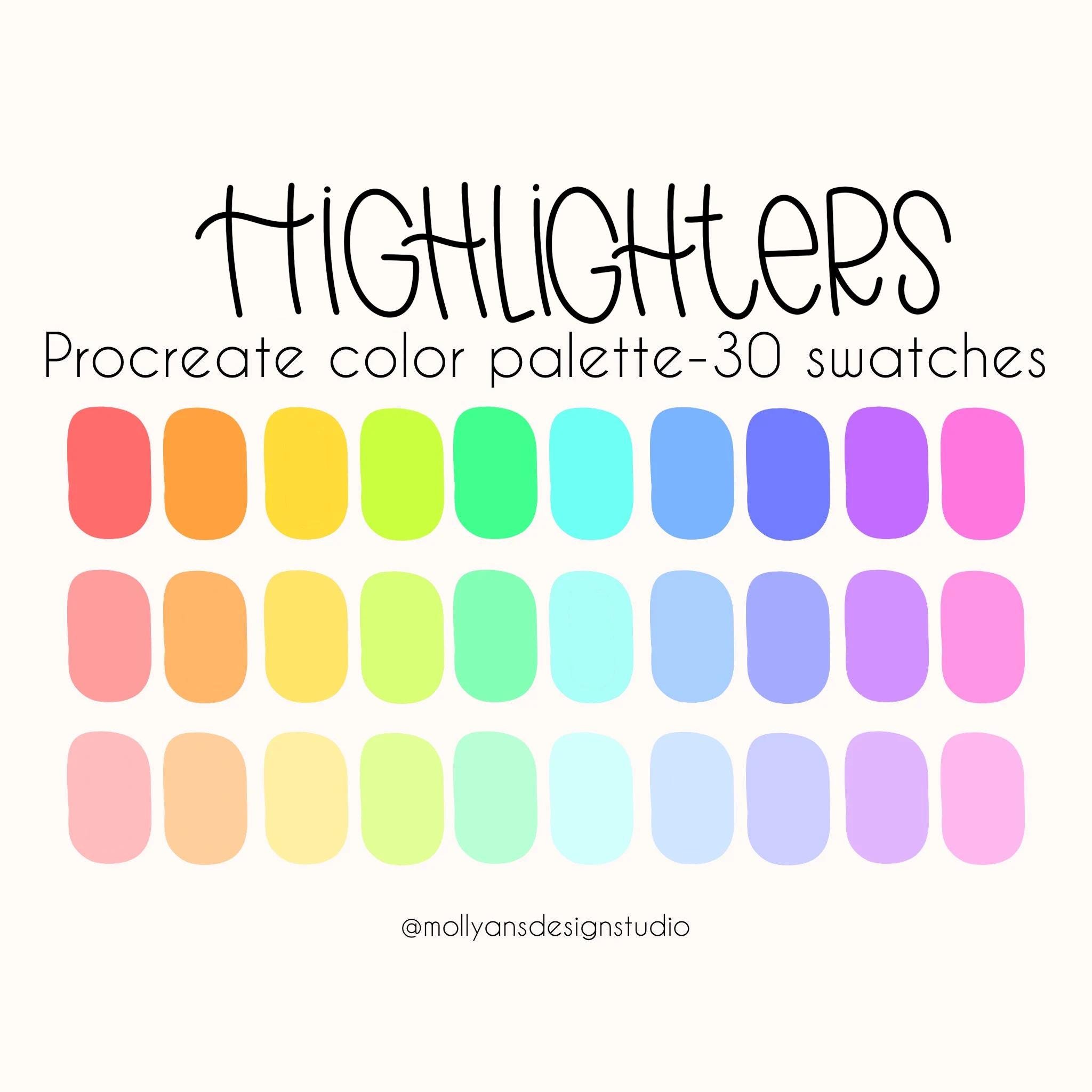 Paleta de colores para Procreate Highlighter – Arcoíris brillante, verano audaz y tonos costeros