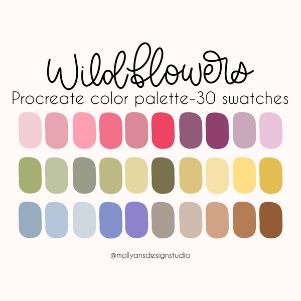 Wildflowers Procreate Color Palette, 30 Swatches, Digital/Instant Download, Happy Boho Branding Colors, Cute Easter Color Palette