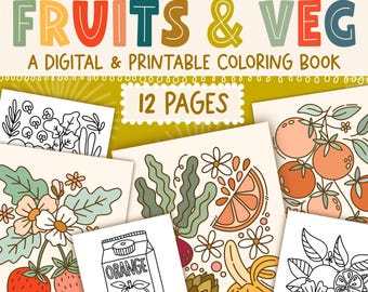 Fruits & Veg Digital Coloring Book, Boho Coloring Pages, Coloring for Adults, Coloring for Kids, Simple Coloring Pages, Educational Crafts