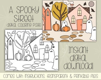 Spooky Street Printable Coloring Page, Easy to Color Pages, Friendly Halloween Crafts, Digital Coloring Book for Adults, Fall Coloring Pages