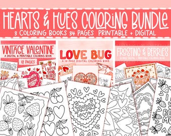 Hearts & Hues Digital Coloring Book Bundle, Printable Coloring Pages, Retro Valentine's Coloring Book, Valentine's Day Crafts, Bold Coloring