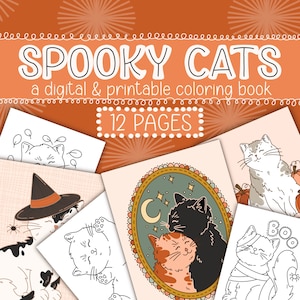 Digital målarbok med kusliga katter, utskrivbara målarbilder för barn, Procreate-arbetsbok för vuxna, vänliga Halloweenpyssel, kattmålning