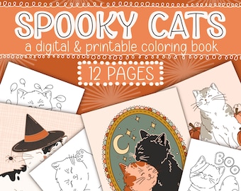 Spooky Cats Digital Coloring Book, Printable Coloring Pages for Kids, Procreate Workbook for Adults, Friendly Halloween Crafts, Cat Coloring