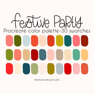 Può includere: Una tavolozza di colori digitale Procreate intitolata "Festive Party" con 30 campioni di colore. La tavolozza presenta una varietà di colori, tra cui sfumature di rosa, verde, arancione e blu. È incluso anche il testo "Procreate color palette-30 swatches".